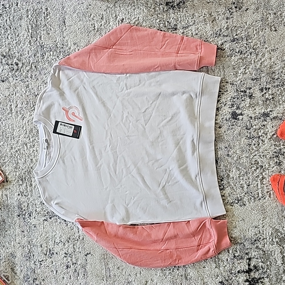 Peloton White Crewneck Sweatshirt with Pink Sleeves